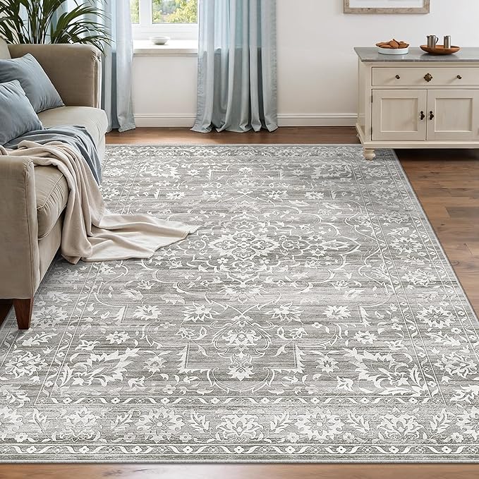 6x9 Area Rugs for Living Room, Stain Resistant Neutral Washable Rugs for Bedroom, Floral Vintage Non-Slip Soft Throw Gray Carpet for Dining Room Farmhouse (Grey, 6'x9')