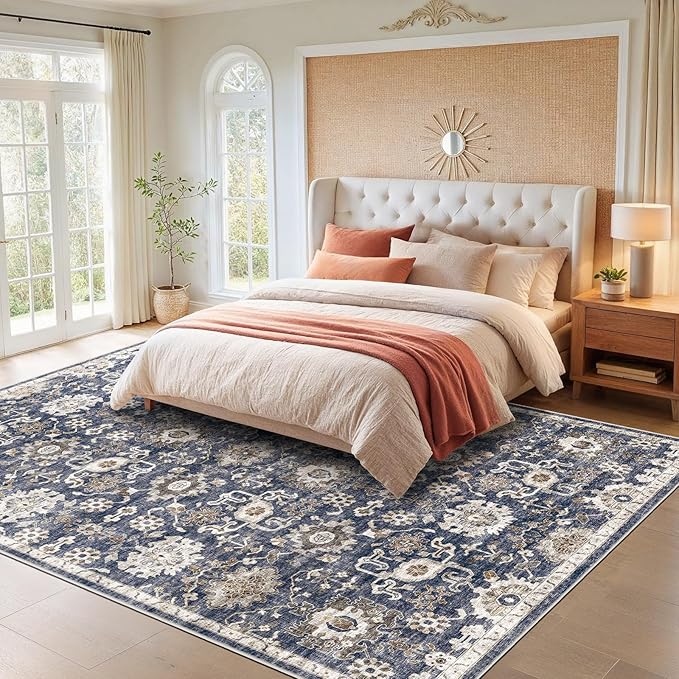 AMADA HOMEFURNISHING 8x10 Washable Area Rug, Low-Profile Large Area Rug with Non-Slip Backing & Durable Edge Binding, Vintage Large Rugs for Living Room, Bedroom, Dinning Room