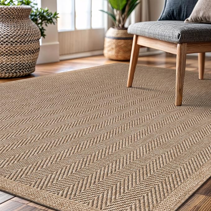 CAMILSON Easy Jute Rug 6x9, Indoor Outdoor Natural Color Fiber Area Rugs for Living Room Patio and Bedroom Rug Herringbone Seagrass Woven Design Easy-Cleaning, Washable Outside Carpet Alfombras 6 x 9