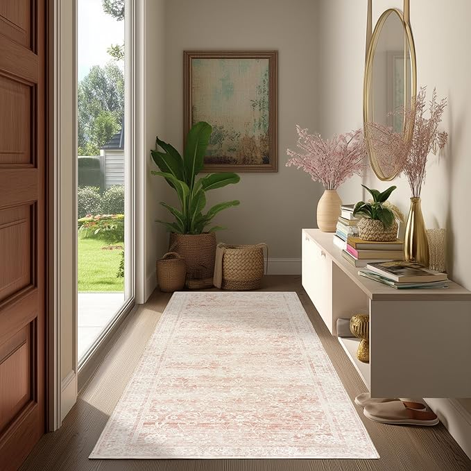 Pink Boho Runner Rugs for Hallway Kitchen Washable Non Slip Bed Side Bedroom Rug 3x7 Light Pink Low Pile Vintage Floral Rugs for Bathroom Stain Resistant Carpet for Laundry Room 3 x 7