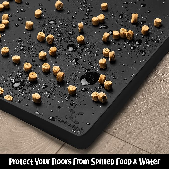 DogBuddy Dog Food Mat – Waterproof Dog Bowl Mat for Food and Water, Silicone Pet Feeding Mats for Floors, Non-Slip Placemat with High Edges for Dogs Bowls, Puppy Essentials (XL: 28" x 18", Black)