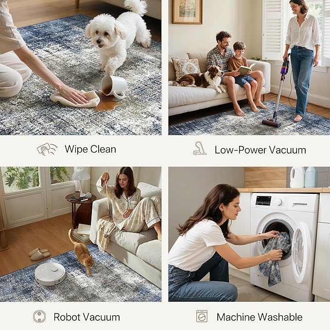 Area Rugs 9x12 for Living Room Bedroom, Modern Abstract Machine Washable Rug, Large Soft Low Pile Floor Carpet with Non Slip Backing for Dining Room, Blue&Gray
