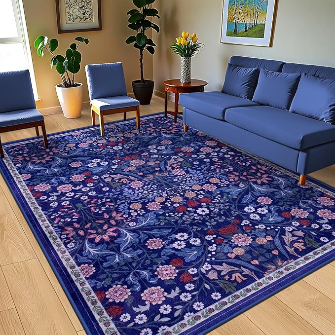 10x12 Area Rugs for Living Room: Floral Washable Rug Vintage Large Soft Boho Non-Slip Carpet Indoor Floor Stain Resistant Low Pile Carpets for Bedroom Dining Room Farmhouse Nursery Hallway Home Office