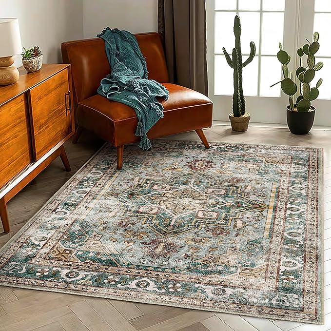 3'x5' Vintage Washable Thin Green Area Rug Tangerine Traditional Floor Cover Foldable Indoor Distressed Non Slip Carpet Floral Print Mat Bedroom Living Room Bathroom