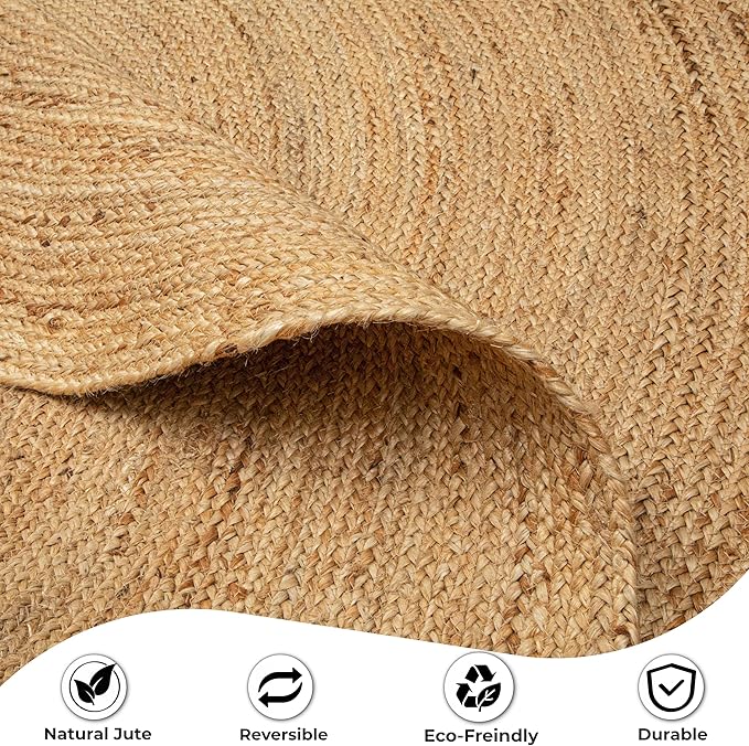 Hausattire Jute Braided Hand Woven Rug, 8 Feet Round ??Natural, Boho Large Area Rugs for Bedroom, Living Room | Farmhouse D챕cor Kitchen Floor Rug ??8??Round