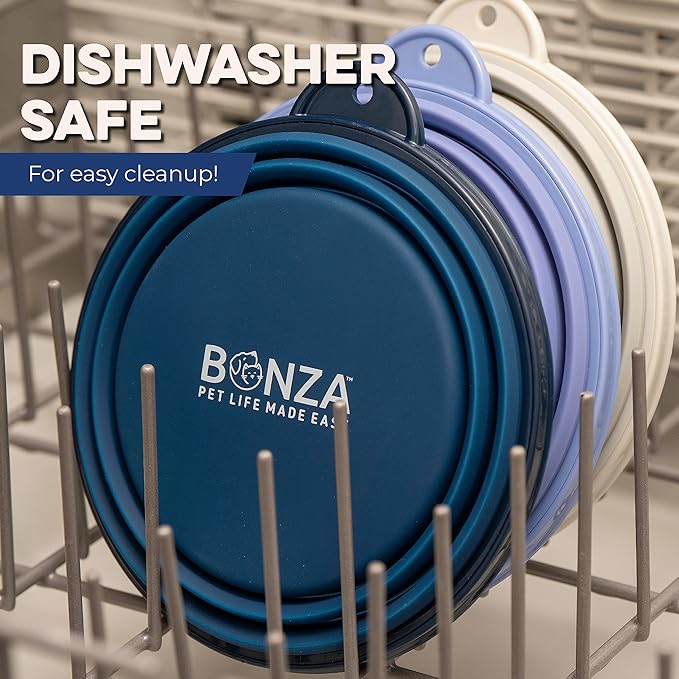 Bonza Collapsible Dog Bowls - Large 33 Oz, Dog Travel Accessories, Silicone Portable Dogs Bowl & Water Dish with Reinforced Rim & Carabiner for Hiking, Camping, and Car Trips, Navy Blue