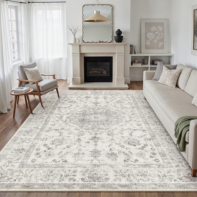 8x10 Area Rug Gray Washable Living Room Vintage Carpet Bedroom Large Non Slip Soft Low Pile Soft Thin Dining Room Office Accent Throw Rug