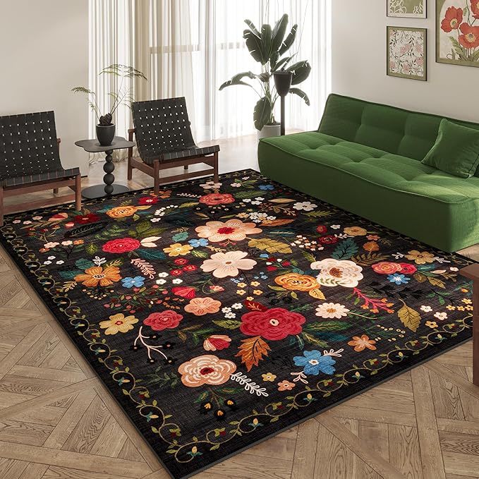 Rugcomf Area Rugs 8x10 Rug for Living Room Clearance Washable Boho Area Rug Non Slip Floral Vintage Low Pile Large Rug for Living Room, Bedroom, Farmhouse, Dining Room, Kids Playroom(Black)