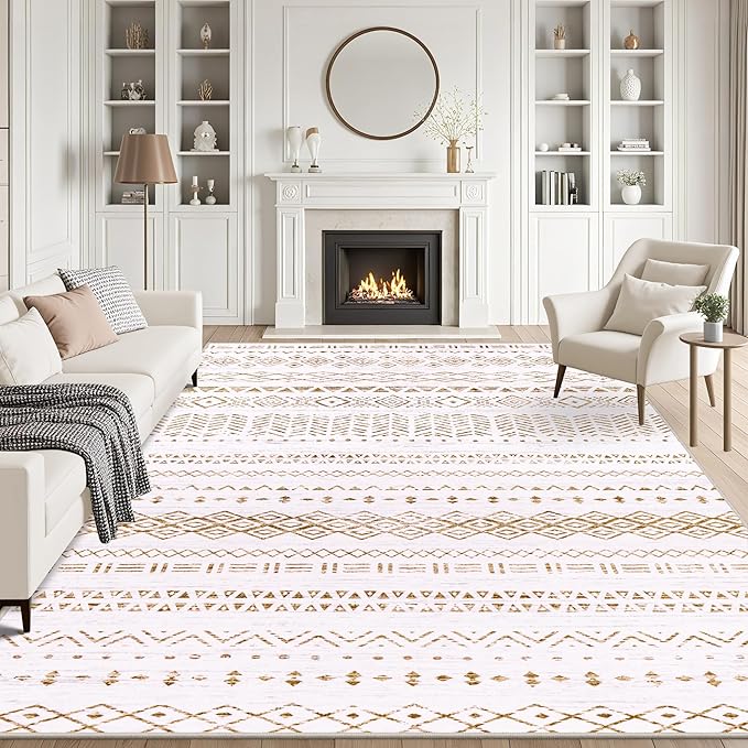 10x14 Area Rugs Living Room Rug: Washable Rug Neutral Lagre Soft Thin Carpet Indoor Floor Non Slip Boho Geometric Moroccan Carpets for Bedroom Dining Room Farmhouse Nursery Office - Brown