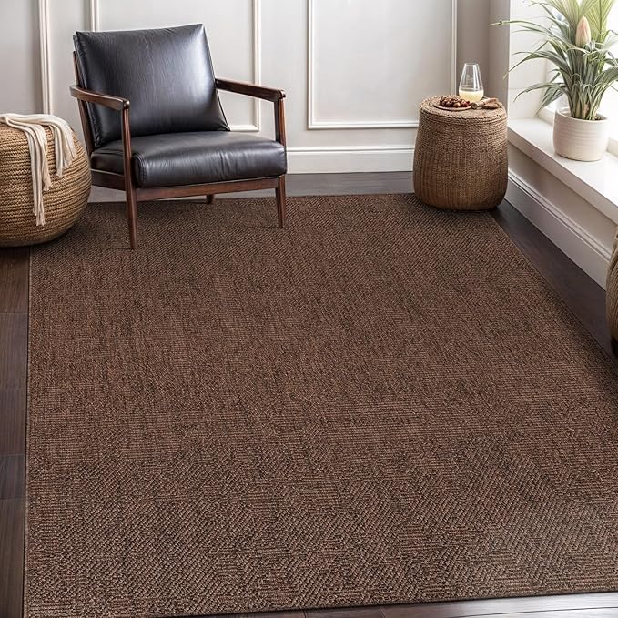CAMILSON Easy Jute Rug 9x12, Indoor Outdoor Brown Color Fiber Area Rugs for Living Room Patio and Kitchen Rug, Solid Boho Woven Design, Easy-Cleaning, Washable Outside Carpet Alfombras (9 x 12)