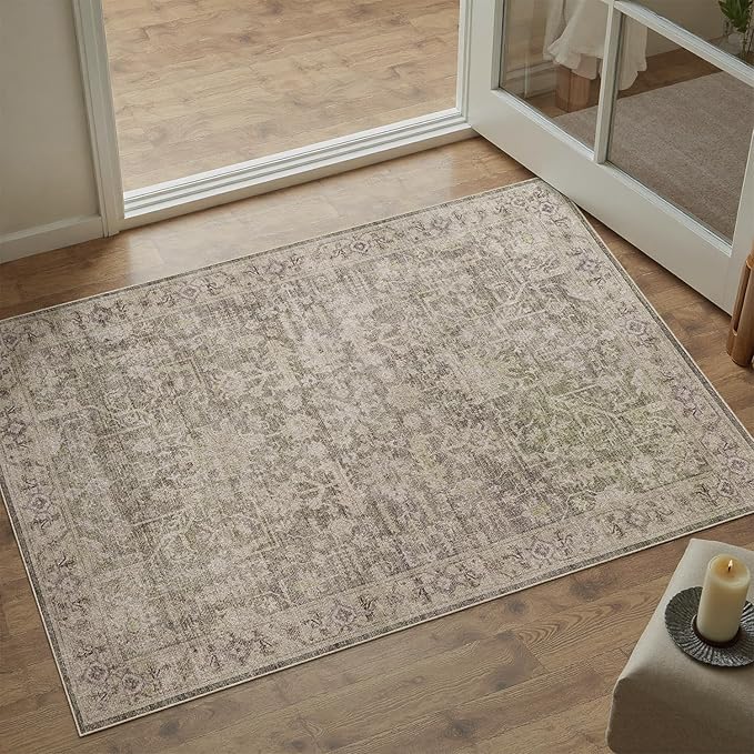 DCX Washable 2x3, Kid & Pet Friendly with Rubber Back Non Slip, Stain Resistant Vintage Entryway Rug for Living Room, Bedroom, Home Office, Soft Low Pile Farmhouse Distressed Carpet, Greige