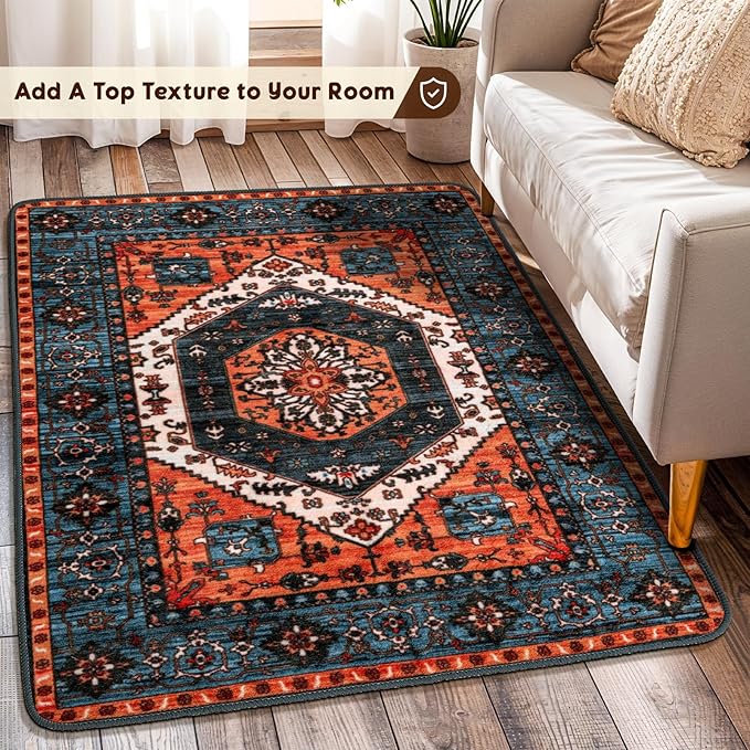 LBRO2M Rug for Entryway Indoor 2X3 Washable Rug Boho Design Door Carpet Throw Rugs for Kitchen Bathroom Non Slip Pet Friendly Area Rugs (2X3, Rust Teal)