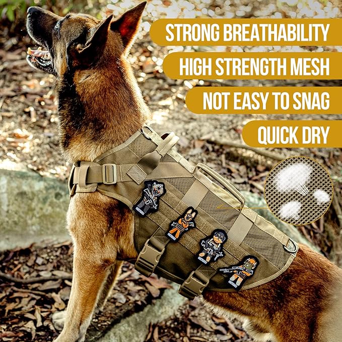 OneTigris No Pull Tactical Dog Harness for Medium Dog, Aire Mesh Dog Vest Harness, Breathable Military Molle Vests with Handles, Service Dog Vest for Walking Hiking Training (M, Brown)