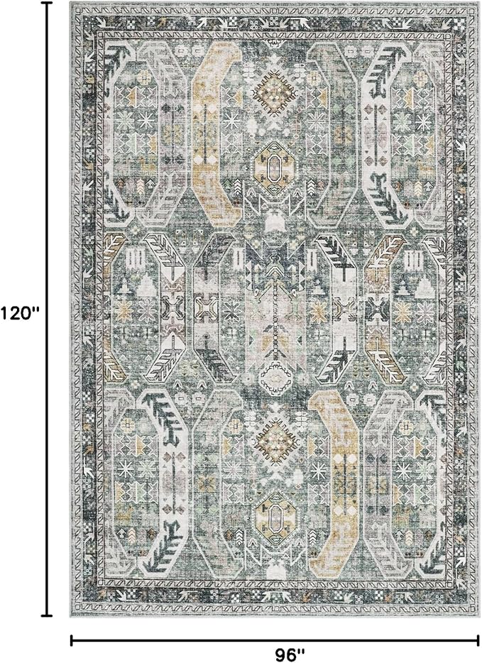 Washable Rug 8x10 Area Rugs for Living Room - Stain Resistant Non-Slip Backing Rugs for Bedroom - Vintage Large Area Rug (Green/Gold, 8'x10')