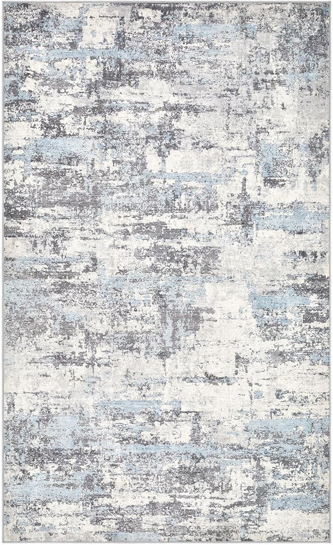 Hallway Washable Runner Rug: 3x5 Abstract Modern Soft Stain Resistant Non-Slip Backing Runner for for Entryway Kitchen Laundry Living Bathroom - Blue Grey