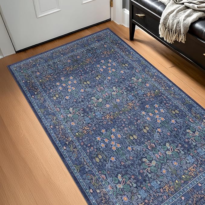 Vintage Dark Blue 3x5 Area Rugs for Entryway, Bedroom Beside Rug, Kitchen, Laundry Room, Non-Slip Low Pile Ultra Soft Stain Resistant Small Floral Carpet - Boho Plant Dusky Navy Decor