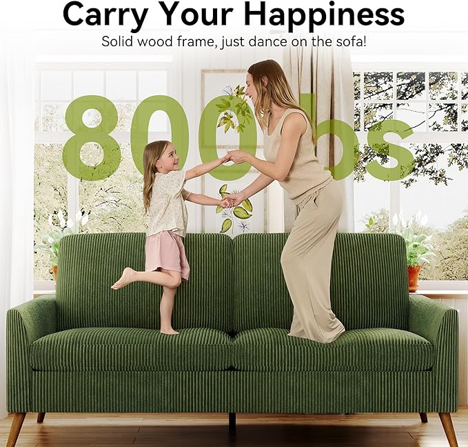 68" Loveseat Sofa, Comfy Green Corduroy Couches for Living Room, Mid Century Modern Love Seat Sofa, Tool-Free Setup Small Couches for Bedroom Office