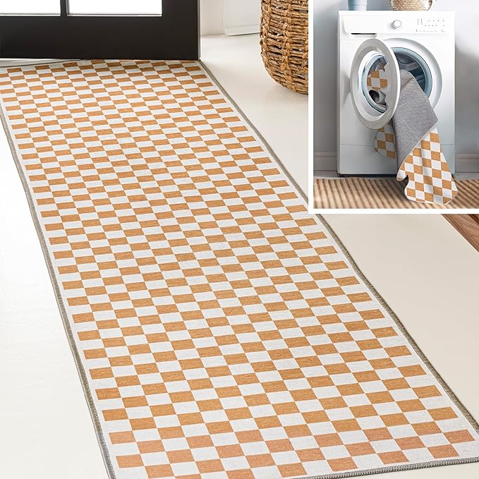 JONATHAN Y Machine Washable Gold/Cream Runner Rug 2X8 ft, Ainsley Modern Cottage Checkerboard for Living Room, Bedroom, Kitchen, Office, Easy-Cleaning, Pet-Friendly, Non-Shedding WSH126B-28