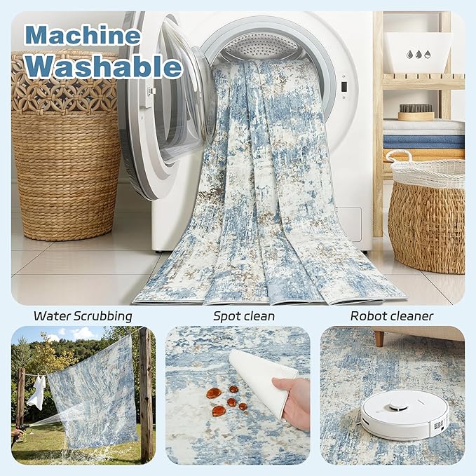 5x7 Area Rugs Living Room Rug Modern Abstract Neutral Washable Rugs Non Slip Soft Carpet Large Area Rug Low Pile Stain Resistant Non Shedding for Bedroom Nursery Dining Room Home Office Blue