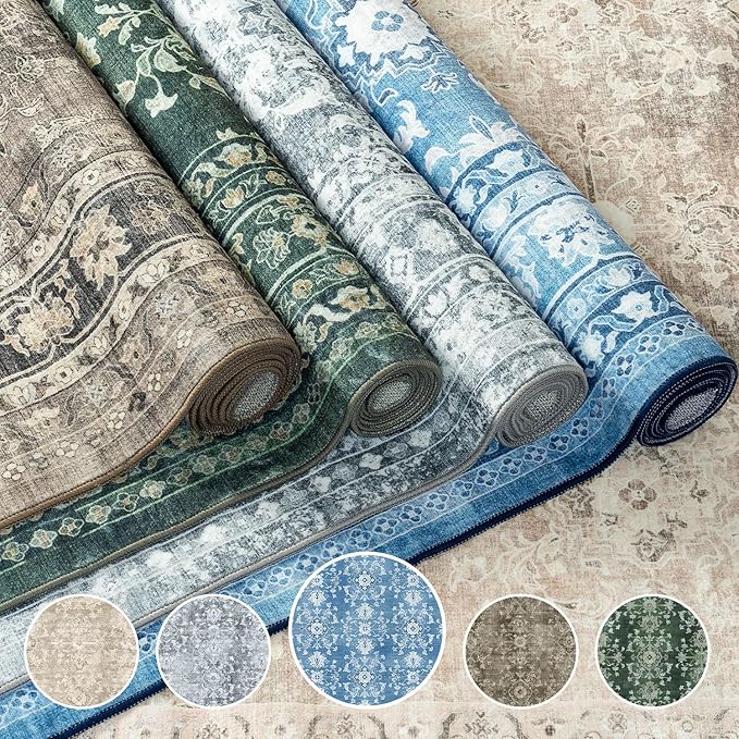 Lessymo 8x10 Area Rugs for Living Room, Machine Washable Non Slip Large Rug, Soft Low Pile Carpet for Bedroom Dining Office, Vintage Blue/White Distressed Floral Floor Decor