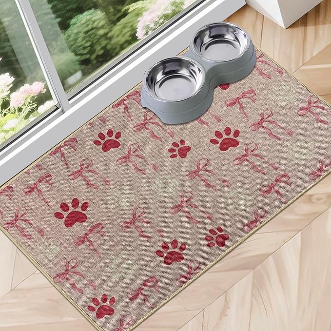 SHIYUE Dog Food Mats for Floors, Absorbent Cat Bowl for Food and Water, Non-Slip Accessories Pet Supplies(16"x24",Pink Bow Footprint)