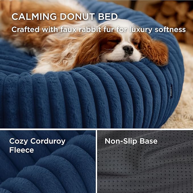 Bedsure ComfyFleece Donut Large Dog Bed - Washable Faux Fur, Corduroy Fleece & Anti Slip Bottom, Round Pet Beds with Removable Cover, Night Blue, 36x36x8 inches