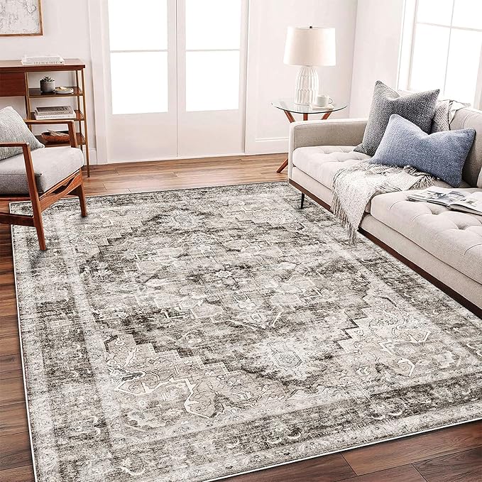 Area Rug 5'x7' Deep Khaki Washable Vintage Traditional Floor Cover Thin Retro Kitchen Indoor Distressed Non Slip Carpet for Living Room Bedroom Dining Room