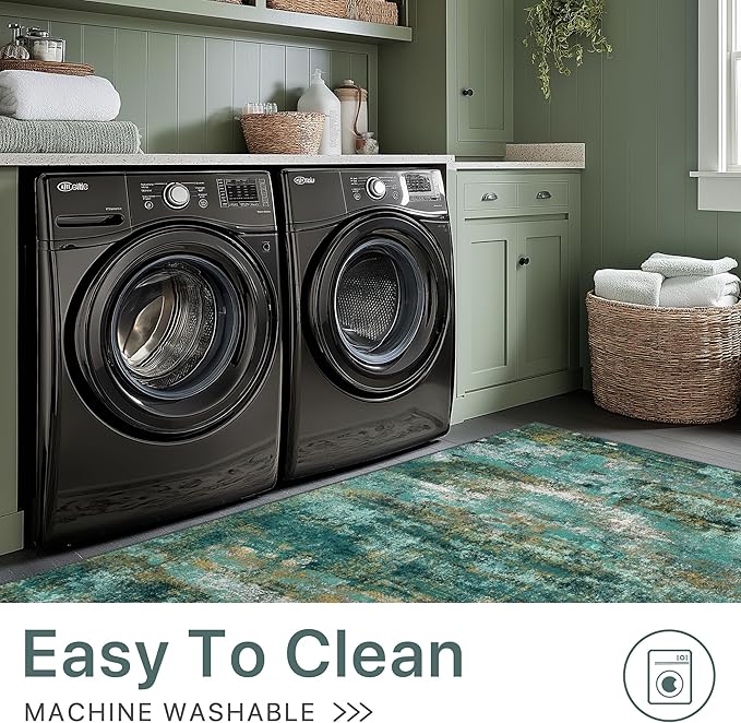 Machine Washable Rug 8x10 Area Rugs for Living Room Bedroom, Large Turquoise Abstract Area Rug Soft Throw Rugs, Low-Pile Floor Carpet with Non Slip Rubber Backing