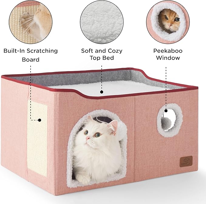 Bedsure Large Cat Beds for Indoor Cats - Extra Wide Cat Cube House for Small Pet with Fluffy Ball Hanging and Scratch Pad, Foldable Pet Cave Hideaway for Multiple Cats, 23.6x16.9x13 inches,Pink