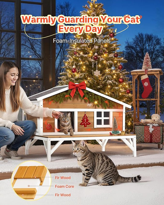VEVOR Insulated Cat House, All-Around Foam Insulation Elevated Cat Shelter, Wooden Feral Kitty Shelter with Large Platform, Waterproof Cats Condos for Indoor & Outdoor Cats in Winter 43.5x33.5x31 in