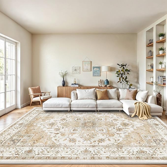 AMADA HOMEFURNISHING 9x12 Area Rugs, Low-Profile Large Washable Area Rug with Non-Slip Backing & Durable Edge Binding, Vintage Rugs for Living Room, Bedroom & Dinning Room
