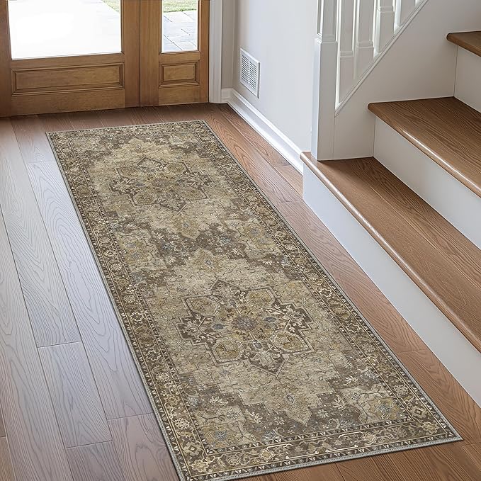 GENIMO 3x7 Runner Rugs for Hallway, Machine Washable Non Slip Vintage Rugs, Low Pile Lightweight Soft Print Rug for enrtyway, Corridor, Home Office, Kitchen, Rustic Brown
