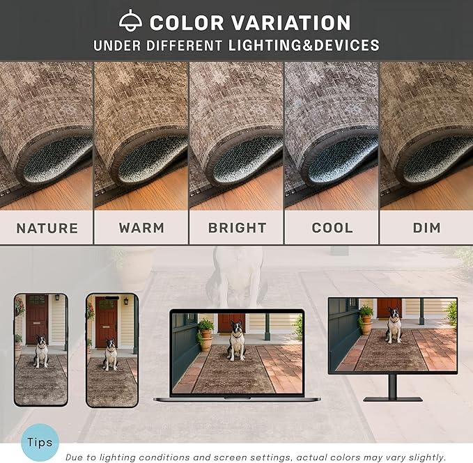 Boho Brown Living Room Rug 7x9 - Vintage Traditional Eclectic Oriental Neutral Taupe, Washable Low Pile Non-Slip Extra Large Area Rugs for Dining Under Table Bedroom Lounge