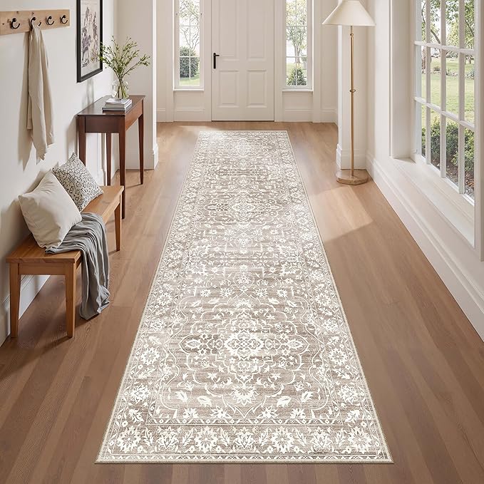 Washable 2.5'x8' Runner Rugs for Hallway, Kitchen Runner Rugs with Rubber Backing Vintage Non-Slip Soft 2'6"x8' Carpet Runner for Entryway Laundry Bedroom Farmhouse Light Brown