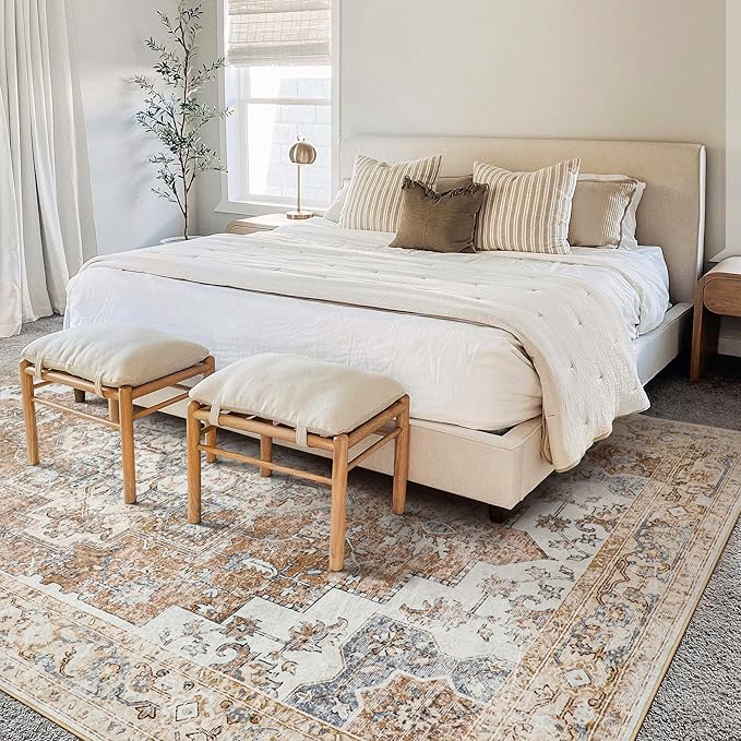 GENIMO 5x7 Area Rugs for Living Room, Machine Washable Non Slip Rugs, Low Pile Lightweight Vintage Print Rug for Bedroom, Dining Room, Home Office, Warm Orange