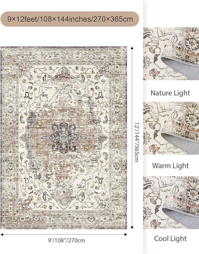 9x12 Area Rugs for Living Room,Ultra-Thin Washable Rug, Non-Slip Lightweight Foldable Area Rug, Stain Resistant Vintage Large Rugs(Brown/Grey,9'x12')
