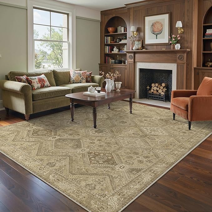Bavni 9x12 Area Rug Washable Rug for Living Room Bedroom, Vintage Print Carpet, Low Pile Lightweight Mat with Non Slip Backing, Light Brown