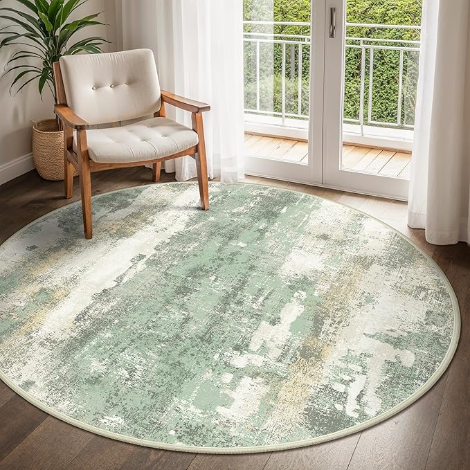 Round Rugs 6FT for Living Room Bedroom, Modern Abstract Machine Washable Circle Rug, Soft Low Pile Floor Cover with Non Slip Backing for Dining Room, Light Green