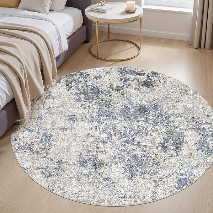 6ft Round Area Rugs for Living Room: 6x6 Abstract Washable Rug Modern Large Soft Stain Resistant Non-Slip Backing Machine Table for Bedroom Dining Room Indoor Home Office Carpet - Blue Brown