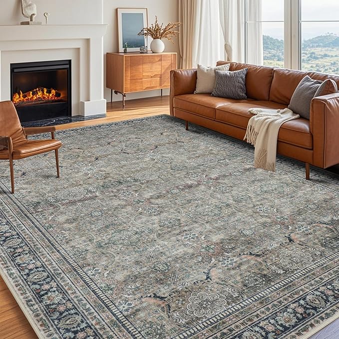 Washable Rugs 8x10 Area Rugs for Living Room,Rugs for Bedroom,Large Carpets,Ultra Soft Faux Wool Retro Dining Room Rug,Non Slip&Non-Shedding Low Pile Vintage Print Rug for Home Office,Green