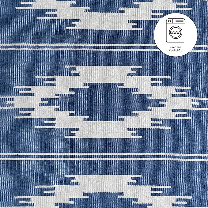 Fab Habitat Machine Washable Area Rug - Hand Woven, Stain Resistant, Pet Friendly, Reversible - Premium Recycled Polyester Yarn - Ikat - Bedroom, Living/Dining Room - Madison - Navy & Gray - 5 x 8 ft