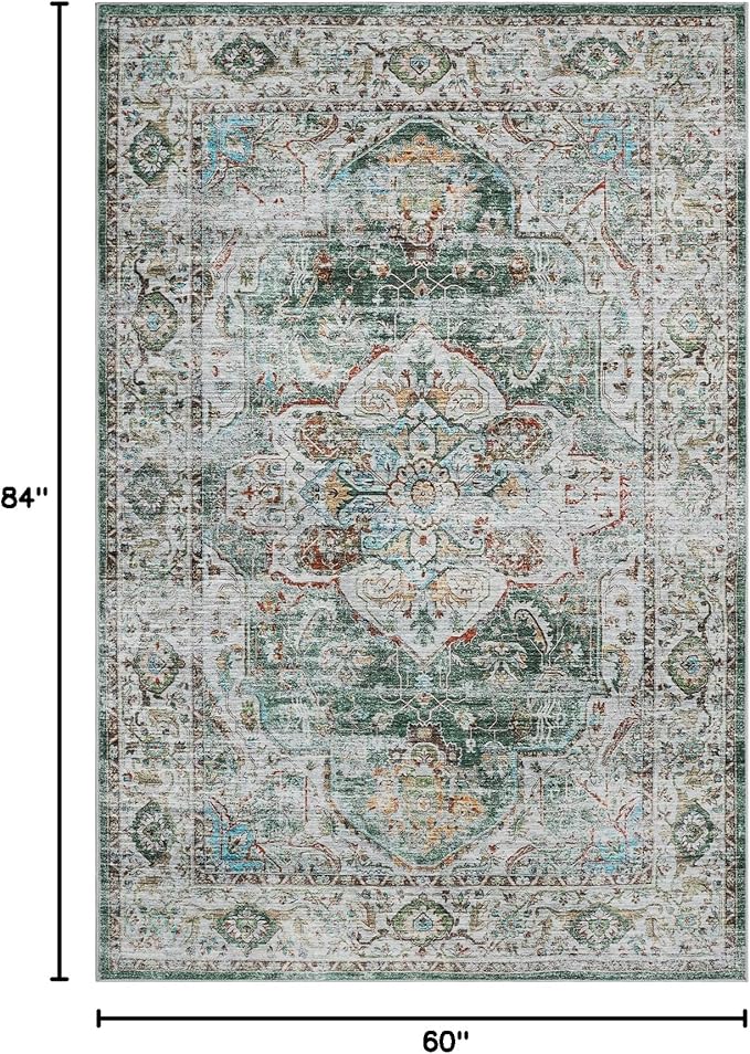 5x7 Area Rugs for Living Room,Stain Resistant Washable Rug,Non-Slip Backing Rugs for Bedroom,Kitchen,Printed Vintage Home Decor Rug (Green, 5'x7')