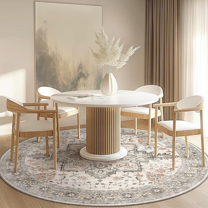 GENIMO 9FT Round Area Rugs for Living Room, Circle Rugs Machine Washable Low Pile, Chenille Non Slip Vintage Rug for Bedroom, Dining Room, Home Office, Light Taupe Brown