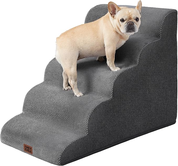EHEYCIGA Curved Dog Stairs Ramp for High Beds, 5-Step Extra Wide Dog Steps for Small Dogs and Cats, Pet Stairs for High Bed Climbing, Non-Slip Balanced Pet Step Indoor, Grey