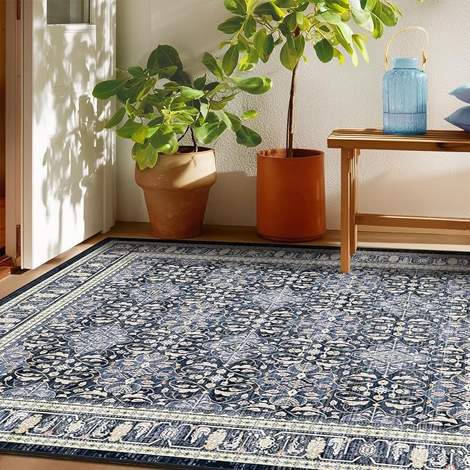 Dark Blue 5x7 Area Rugs for Living Room Bedroom, Transitional Boho Moroccan Floral Trellis Printed, Washable Non Slip Low Pile Ultra Thin Soft Carpet Rugs for Dining Room/Kitchen/Home Office