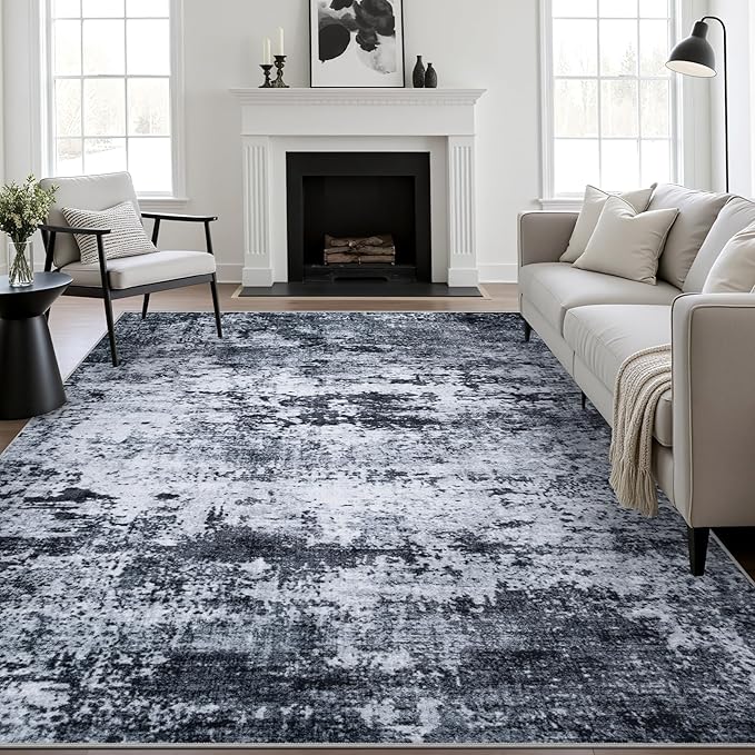 9x12 Area Rug Living Room Rug: Washable Modern Abstract Soft Thin Rug Indoor Floor No Slip Stain Resistant Carpet for Bedroom Dining Room Farmhouse Nursery Home Office - Black