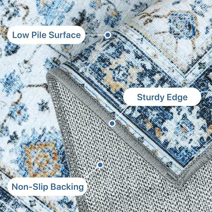 GENIMO Machine Washable 6x9 Area Rugs for Living Room, Non Slip Vintage Rugs, Low Pile Lightweight Chenille Print Rug for Bedroom, Dining Room, Home Office, Retro Light Blue