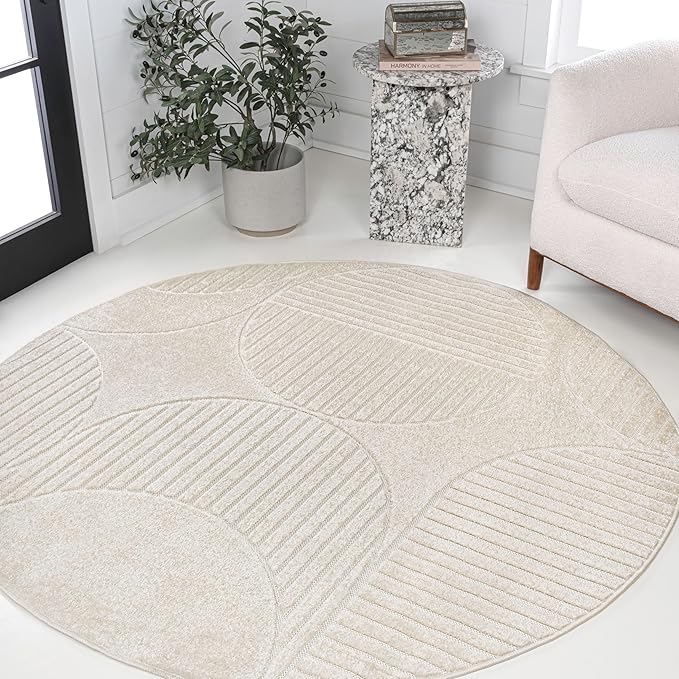 JONATHAN Y Nordby High-Low Arch Striped Ivory/Cream 7' Round Indoor/Outdoor Area Rug, Pet Friendly, Non-Shedding, Stain Resistant, Easy-Cleaning for Backyard, Patio, (SCN104B-7R)