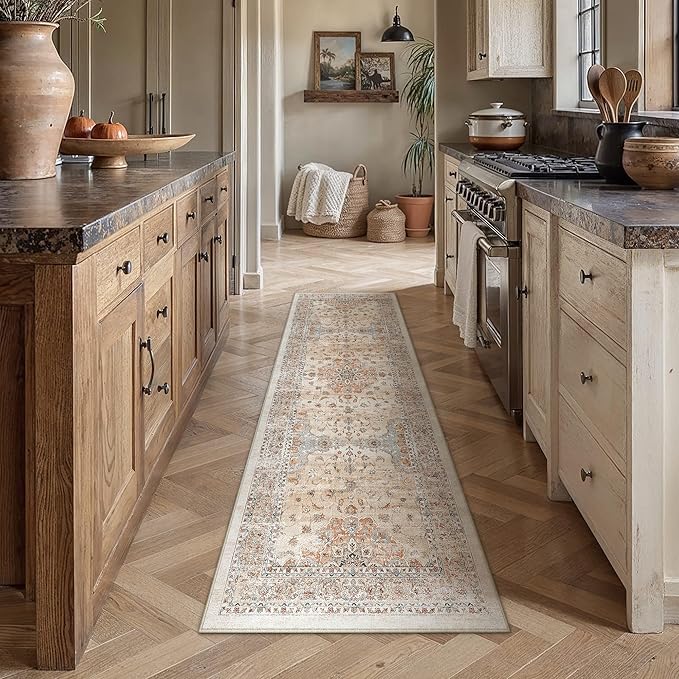 HUGEAR Machine Washable Hallway Runner Rugs 2x8 Vintage Orange Neutral Style Non Slip Stain Resistant Low Pile Throw Carpet for Bedroom Kitchen Retro Aesthetic Modern Decor
