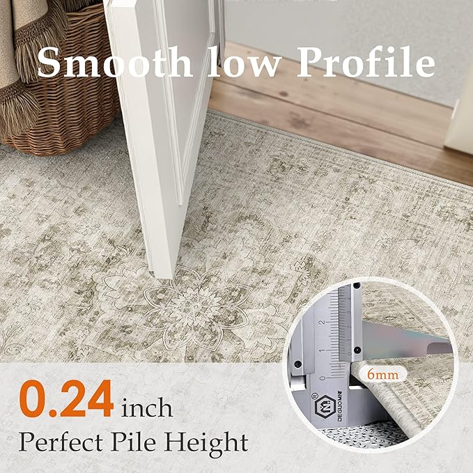 HUGEAR Washable 3x5 Area Rugs Retro Beige Living Room Bedroom Rug Vintage Distressed Non Slip Stain Resistant Low Pile Neutral Throw Carpet for Home Decor